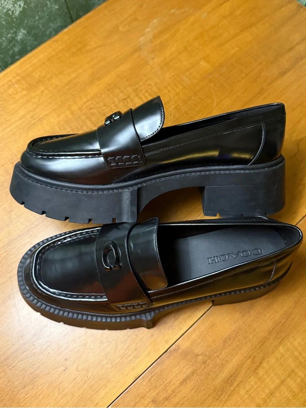 Coach Leah Black Leather Platform Penny Loafers Size 9.5
